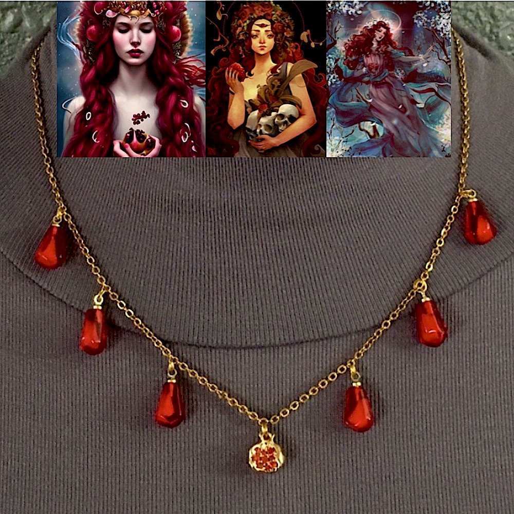 Persephone Greek Roman Goddess Pomegranate and Seeds Handmade Gold Red Necklace